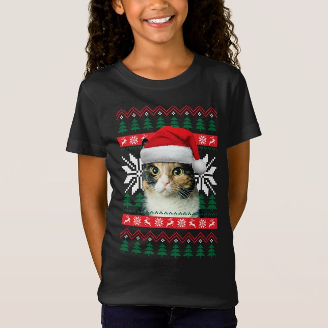 Camiseta Calico Cat Ugly Christmas Sweater Style Santa Hat (Frente)