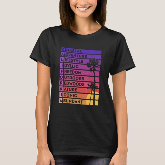 Camiseta California Acrostic Poem Palm Trees Cali Sunset Ru (Frente)