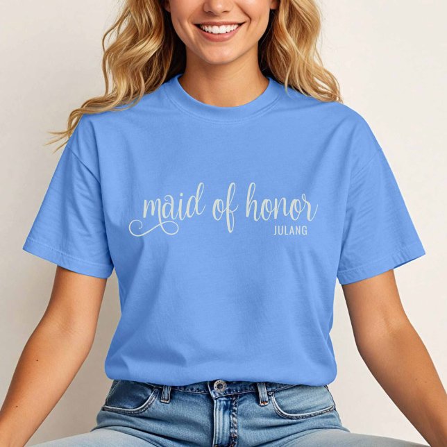 Camiseta Caligrafia natural na Madrinha de casamento azul C (Natural on Carolina Blue Maid of Honor  TShirt)