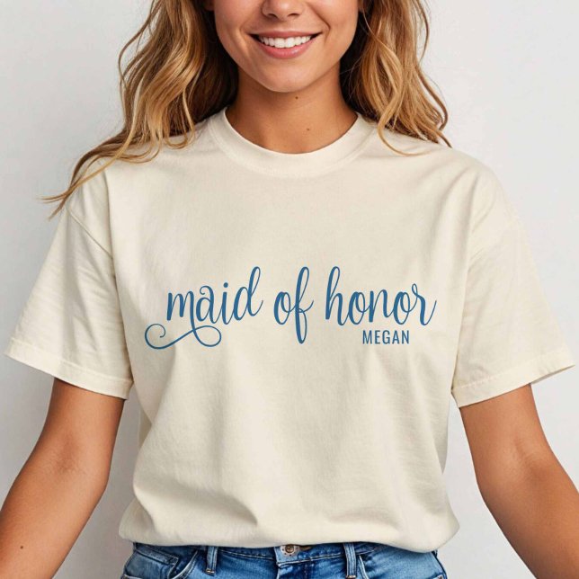 Camiseta Caligrafia Retro Azul Dama de Honra Script (Blue on Natural)