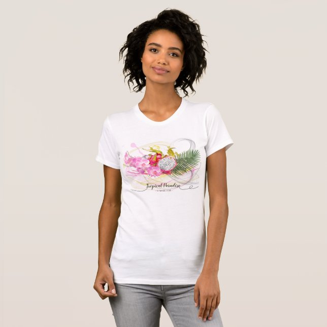 Camiseta Caligrafia tropical entre Frutas de dragões e orqu (Frente Completa)
