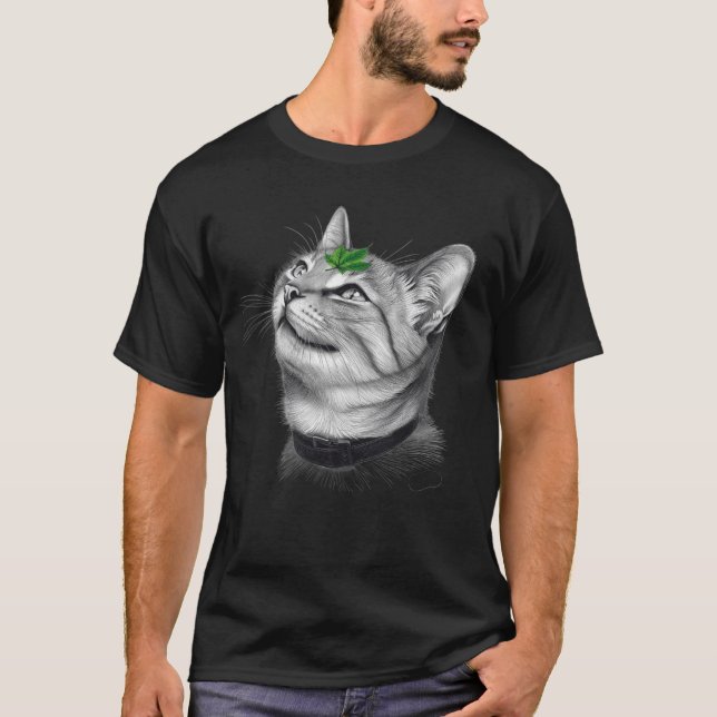 Camiseta Calm White Minimal Cat Leaf Aesthetic Drawing pfp (Frente)