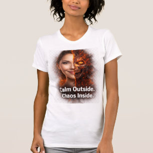 Camiseta Calma Fora Caos Dentro Fogo Caveira Face Dupla