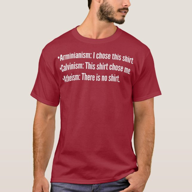 Camiseta Calvinismo vs Arminiano vs Ateísmo TULIP Cristão (Frente)