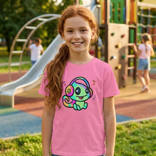 Camiseta Camaleão bebê feliz sorrindo com fones de ouvido.