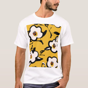 Camiseta Camélia Amarela, floral vintage esboçado.