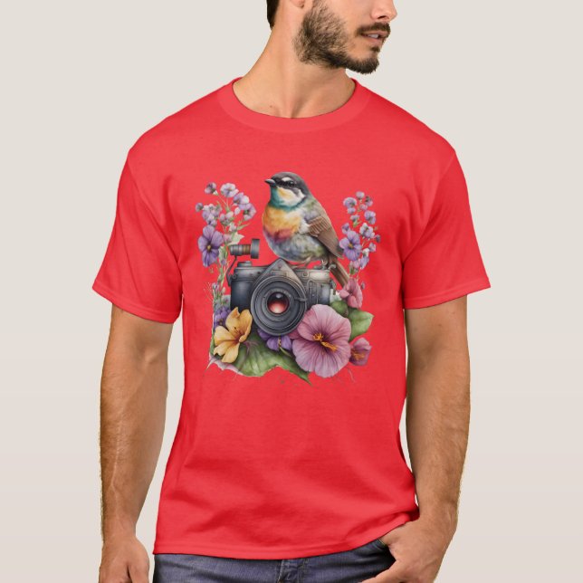 Camiseta Câmera Floral De Aquarela Com Amigo De Pássaro (Frente)