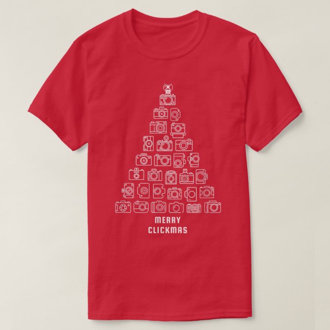 Camiseta Câmera Fotógrafo Feliz de Árvore de Natal Clickmas (Frente do Design)