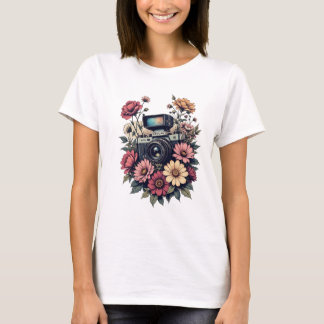 Camiseta Câmera Retro e Arte Floral