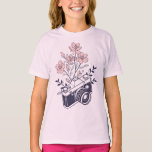 Camiseta Câmera Vintage com Flores - Fotografia Floral