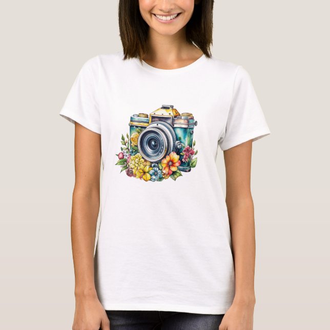 Camiseta Câmera Vintage em Flores Aquarela (Frente)