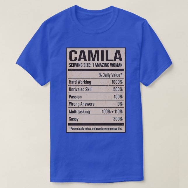 Camiseta Camila Nutrition Facts Name Nickname Alias Title F (Frente do Design)
