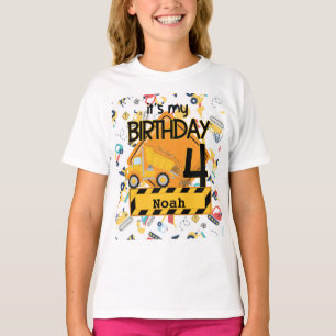 Camiseta caminhão de construção amarelo carro 4º aniversári