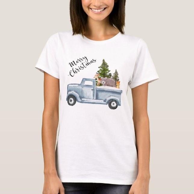 Camiseta Caminhão de Natal com Pinheiros e Animais Floresta (Frente)