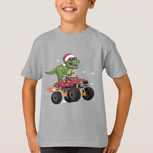 Camiseta Caminhão de Natal do Dinossauro T-Rex (Frente)