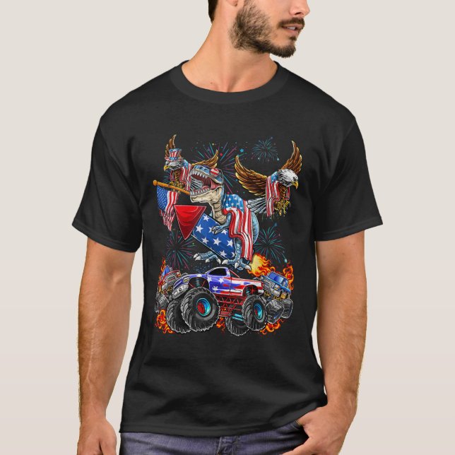 Camiseta Caminhão Monstro Águia Dinossauro 4 de Julho Améri (Frente)