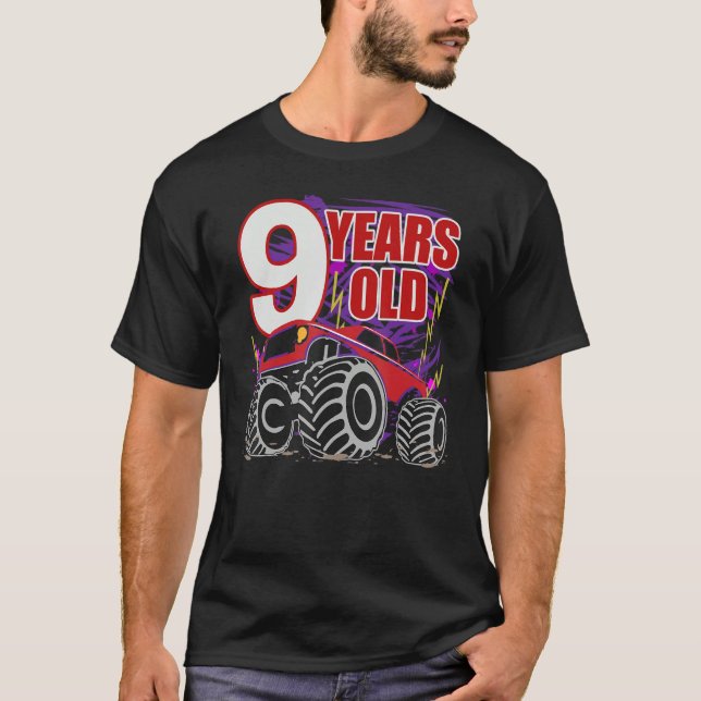 Camiseta Caminhão Monstro De 9 Anos De Aniversário Para Men (Frente)