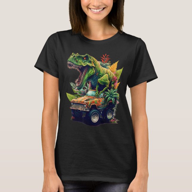 Camiseta Caminhão Monstro Dinossauro, Carro Circular T-Rex, (Frente)