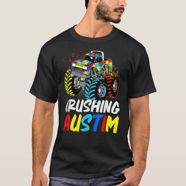 Camiseta Caminhão Monstro Esmagando Conscientização sobre A (Frente)
