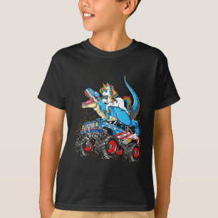 Camiseta Caminhão Monstro Unicórnio Montando T Rex Meninos 
