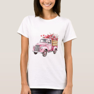 Camiseta Caminhão Rosa em Aquarela com Corações e Flores