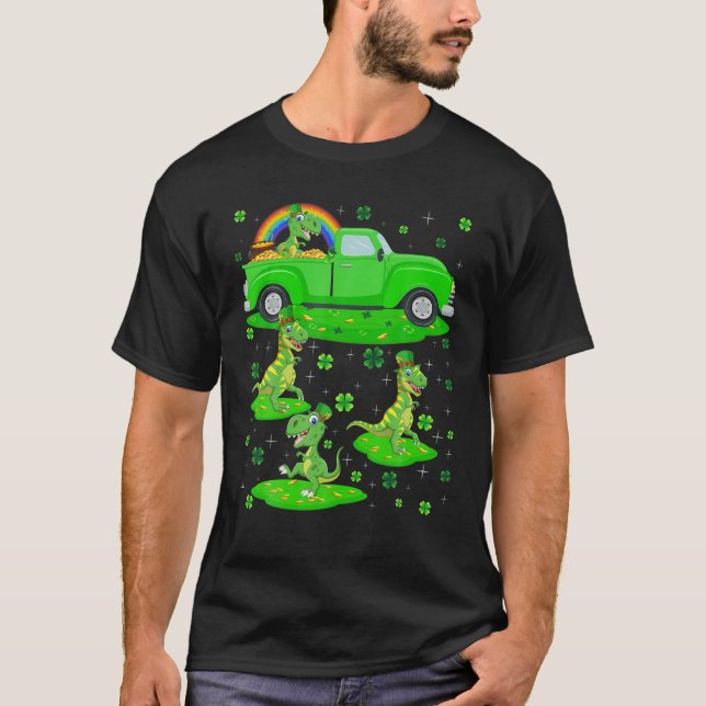 Camiseta Caminhão Verde Leprechaun Hat Tyrannosaurus Rua Pa (Frente)