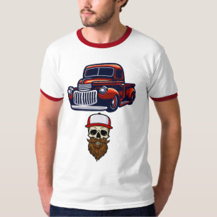 Camiseta Caminhão Vermelho Antigo Caveira Barbuda Retro