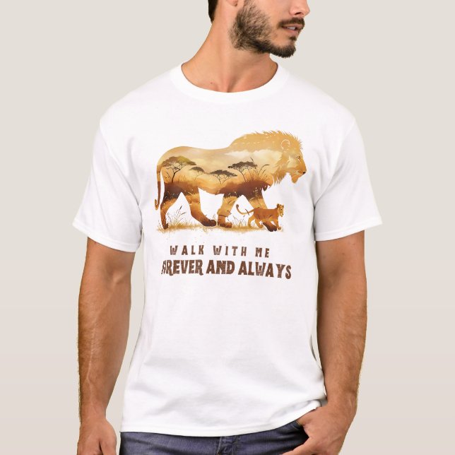 Camiseta Caminhe Comigo - Para sempre | Design de leão (Frente)