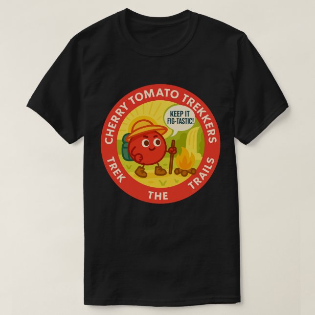 Camiseta Caminheiros de Tomate Cereja Exploram as Trilhas (Frente do Design)