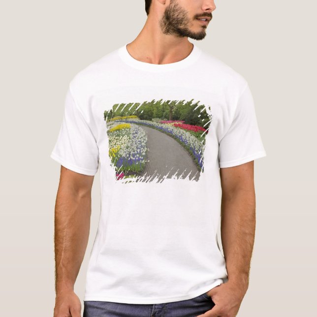 Camiseta Caminho de calçada através de tulipas e narcisos,  (Frente)