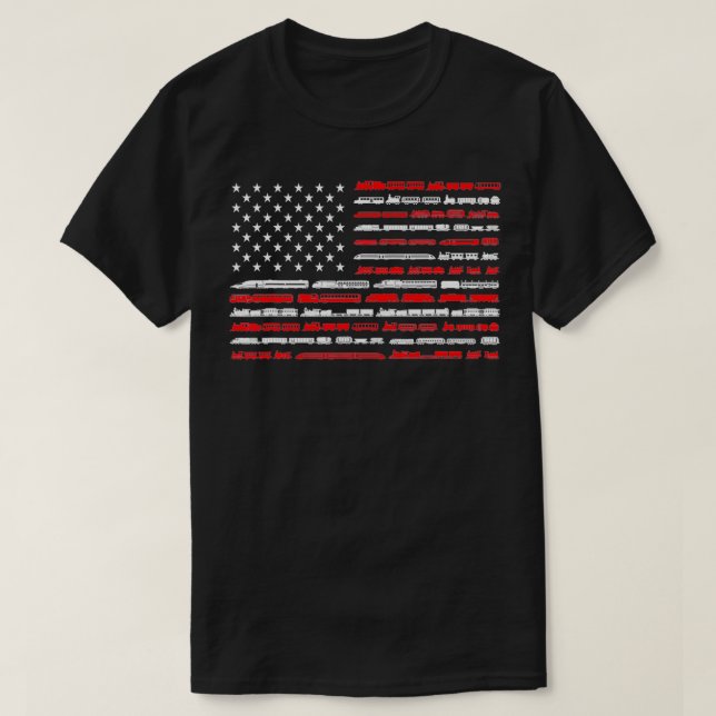 Camiseta Caminho de ferro Americano Flag Vintage Locomotiva (Frente do Design)
