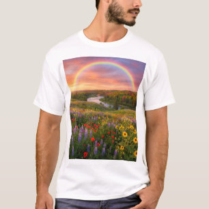 Camiseta Caminho do Céu: Arco-íris Duplo & Sonhos de Flores