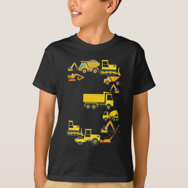 Camiseta Caminhões De Construção Com aniversário de 3 anos  (Frente)