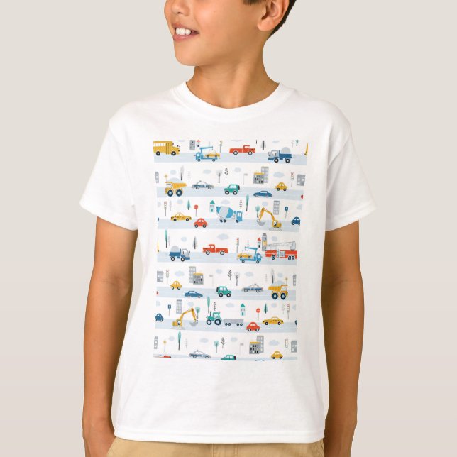 Camiseta Caminhões de Transporte e Automóveis Cutes Criança (Frente)