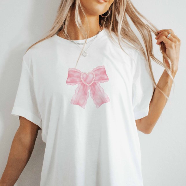 Camiseta Camisa-Arco cor-de-rosa (Pink bow on white oversized tee.)