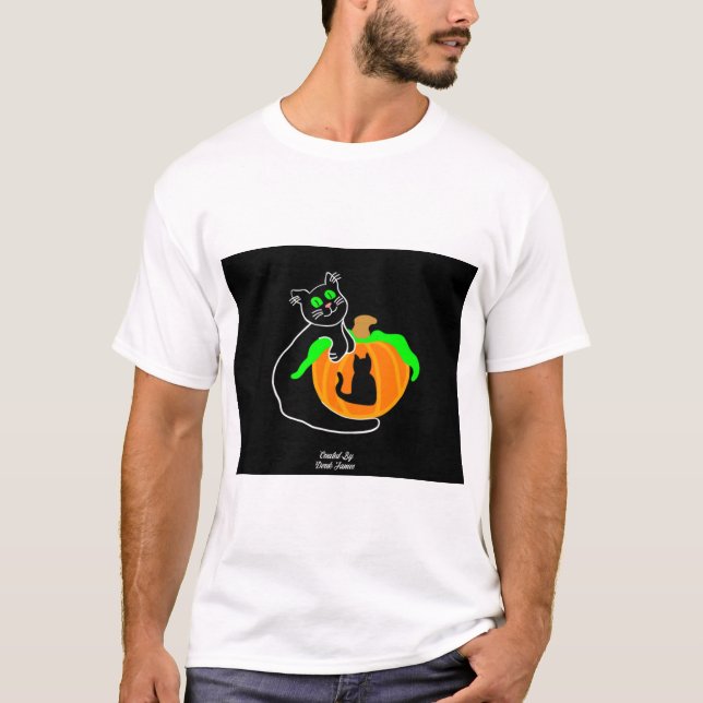 Camiseta Camisa-branca-masculina de abóbora de gato preto (Frente)
