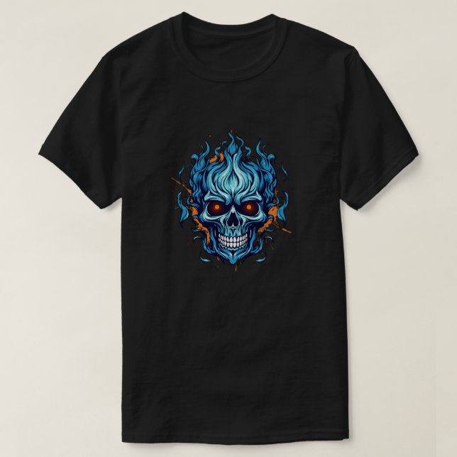 Camiseta Camisa-Cabeça-Flamejante - Grafia-Casca Azul (Frente do Design)