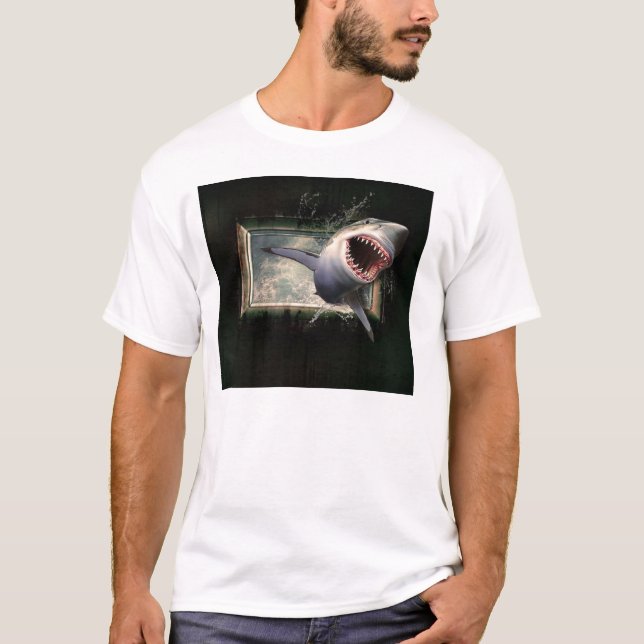 Camiseta Camisa-T básica de homens com ataque a tubarões (Frente)