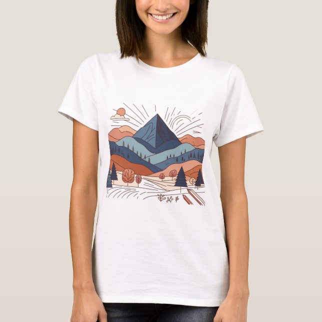 Camiseta Camisa-T da Mulher de Arte da Paisagem Montanha (Frente)