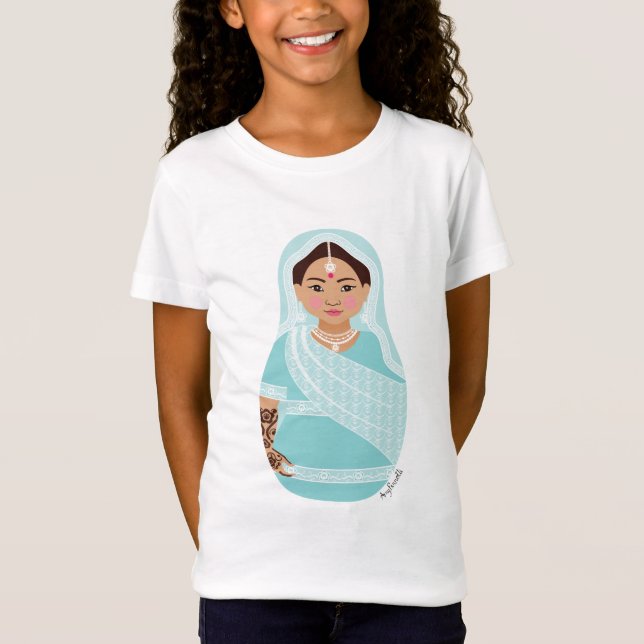 Camiseta Camisa-T das Meninas de Matryoshka (Aqua) (Frente)