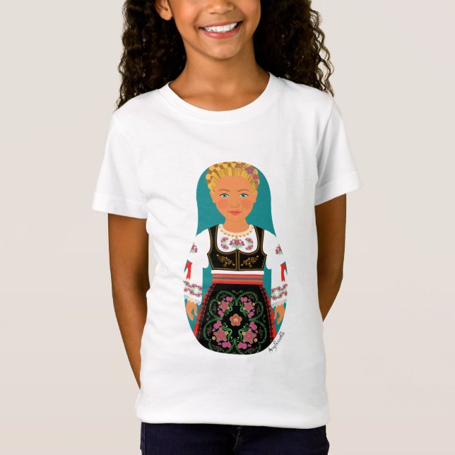 Camiseta Camisa-T das raparigas Serb Blonde Matryoshka (Frente)