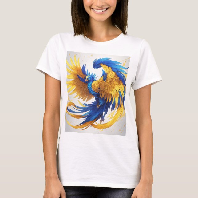 Camiseta "Camisa-T de Fênix Amarela e Azul Vibrante - Stand (Frente)