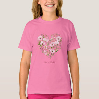 Camiseta Camisa-T de Garota Floral de Coração Rosa