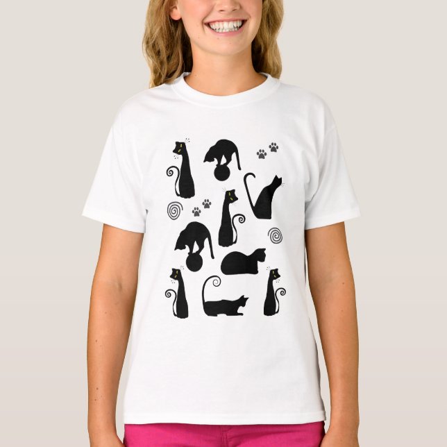 Camiseta Camisa-T de Gato Negro Whimsical (Frente)