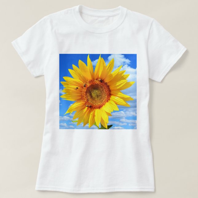 Camiseta Camisa-T de girassol e abelhas amarelas (Frente do Design)