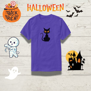 Camiseta Camisa-T de Halloween de Gato Preto de Olhos Laran