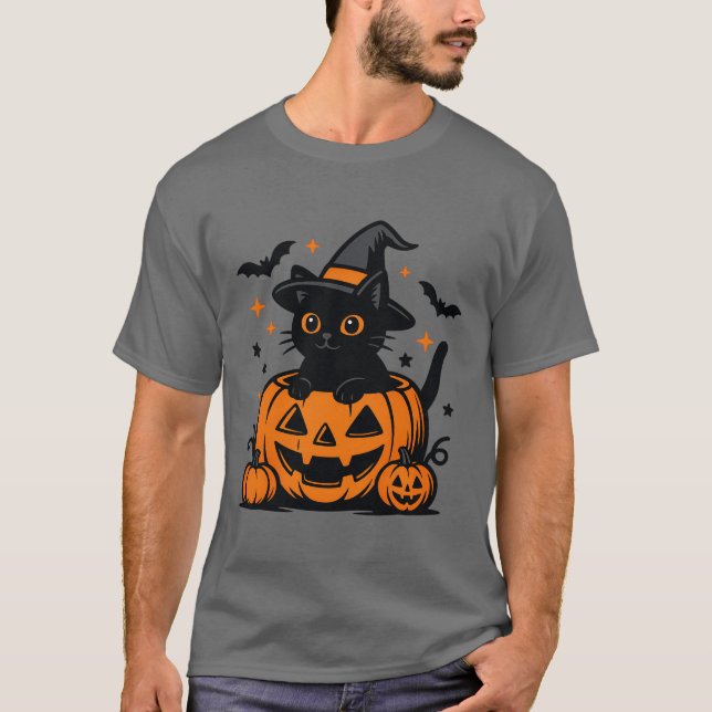Camiseta Camisa-T de Homens de Abóbora Preta do Halloween (Frente)