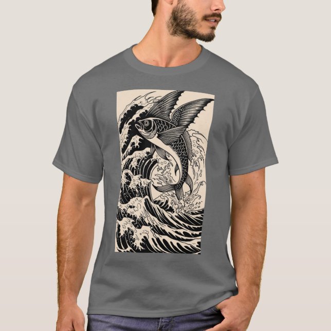 Camiseta Camisa-T De Peixe Voador De Estilo De Tatuagem (Frente)