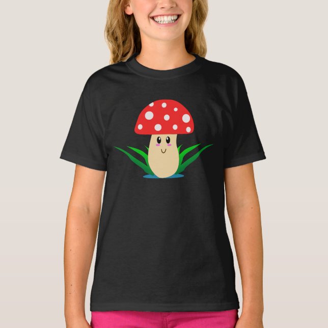 Camiseta Camisa-T de uma moça de cogumelo sorridente (Frente)