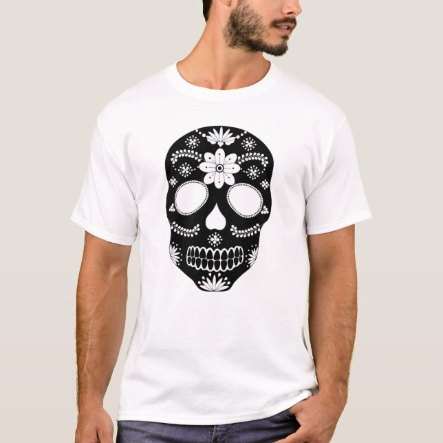 Camiseta Camisa-T do Crânio Mexicano de Preto e Branco (Frente)